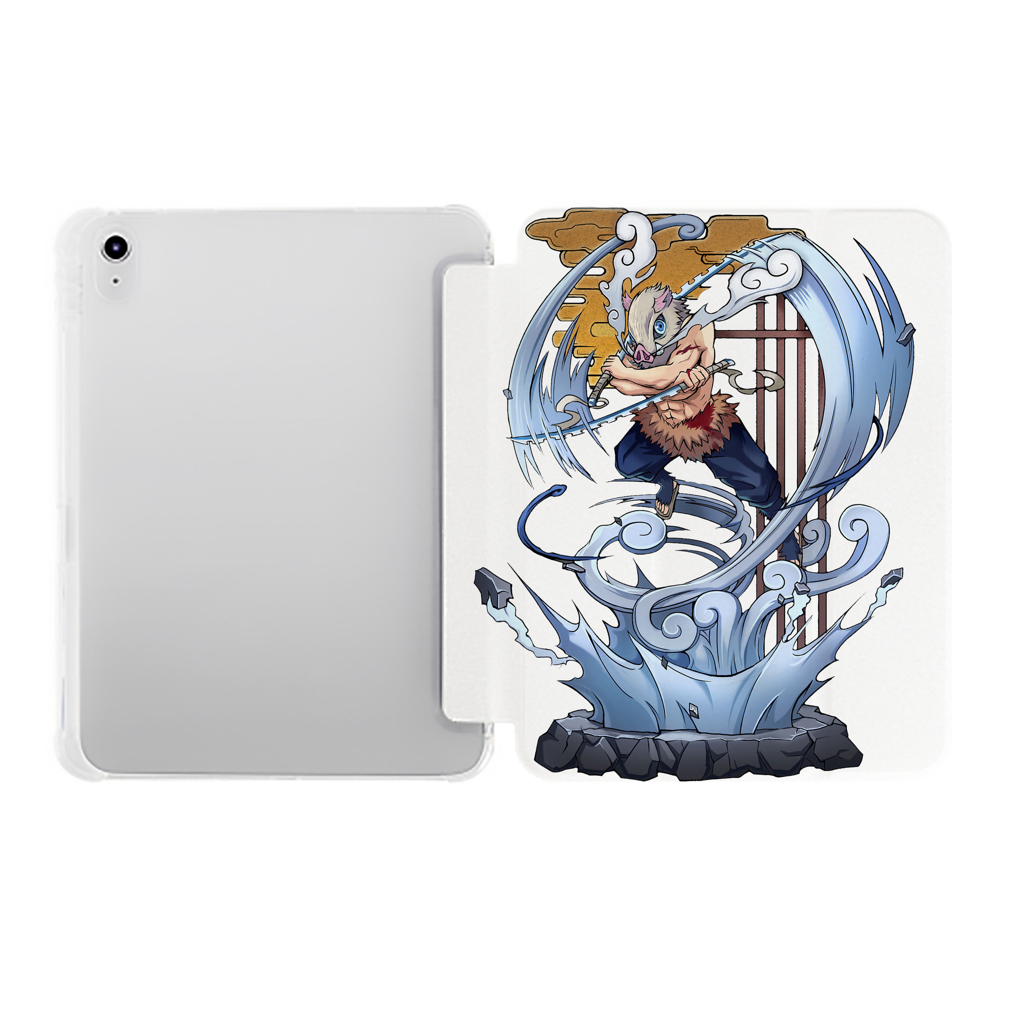 （画像用） 鬼滅の刃（きめつのやいば）嘴平 伊之助／はしびら いのすけ Hashibira Inosuke IPad ケース ペン収納付き 三つ折りスタンド PUレザー×シリコン 対応機種9.5/10.5/10.9インチ